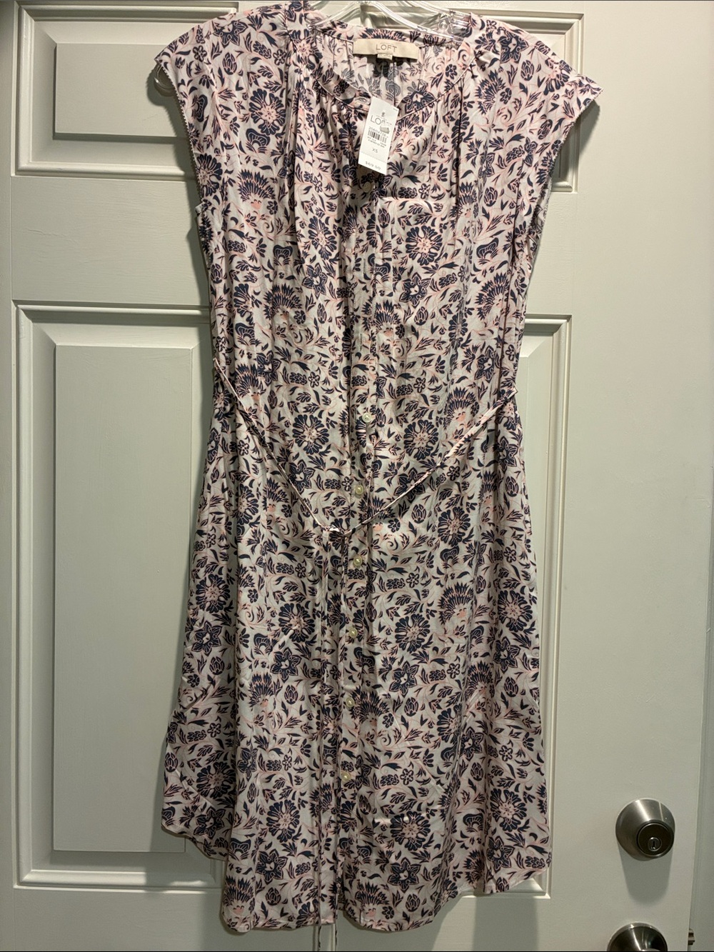 LOFT Pink and Navy Floral Button-Front Midi Dress